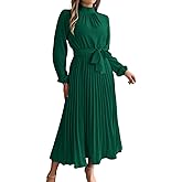 ChiaoLezhee Pleated Maxi Dress, Mock Neck A Line, Fall Holiday, Long Sleeve Modest Business Casual Flowy Dresses for Women