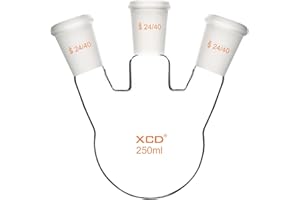 XCD Borosilicate Glass 3-Neck Round Bottom Boiling Flask with 24/40 Center and Side Standard Taper Outer Joint, Heavy Wall, 250 ml