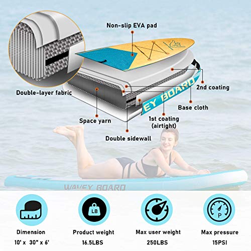 WAVEY BOARD Inflatable 10′ Stand Up Paddle Board for Adult Premium SUP