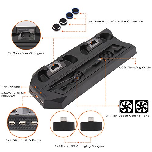 PS4 Slim / PS4 Pro Vertical Stand Charger with Cooling Fans Dual Controllers Charging Station, USB HUB for Sony PlayStation 4 Slim / Pro Game Console Dualshock4 BEDEE Upgraded ( Not for Regular PS4)