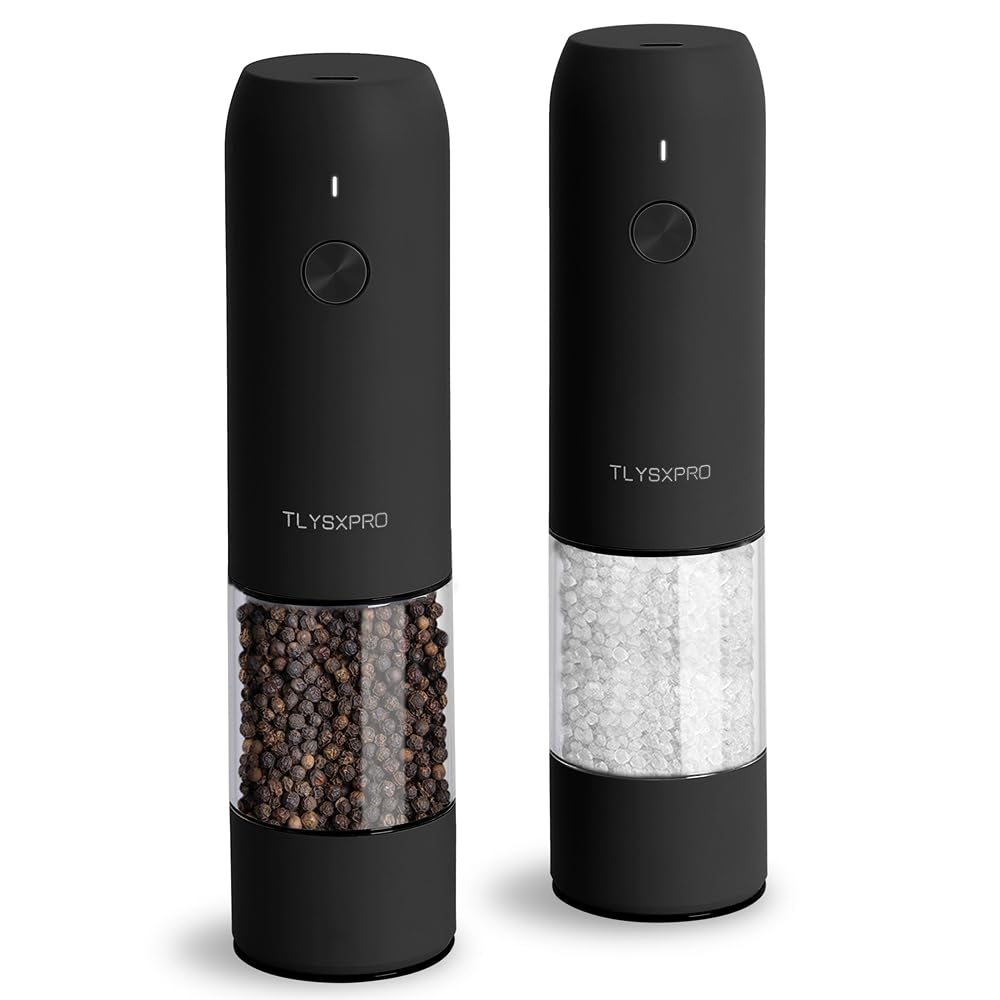 TLYSXPRO Electric Salt and Pepper Grinder Set, USB Rechargeable, Automatic Salt and Pepper Mill Grinder with Adjustable Coarseness, Electric Salt Shakers, LED Light, Refillable (2 Packs, Black)