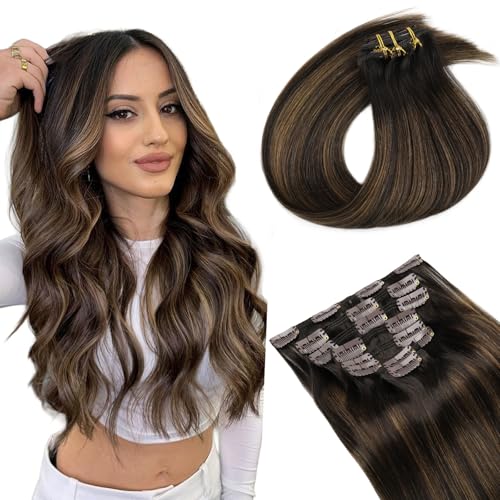 Yuniffe Clip in Hair Extensions Human Hair Balayage Dark Brown to Chestnut Brown 22 Inch 8pcs 120g Hair Extensions Clip in Natural Straight Remy Human Hair Extensions for Women #R2-6-2