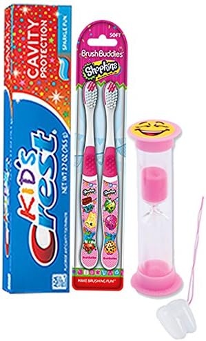 Shopkins 4pc. Bright Smile Oral Hygiene Set! Shopkins 2 Pack Manual Toothbrush, Crest Kids Sparkling Toothpaste & 2 Minute Teeth Brushing Timer! Plus Bonus"Remember to Brush" Visual Aid!