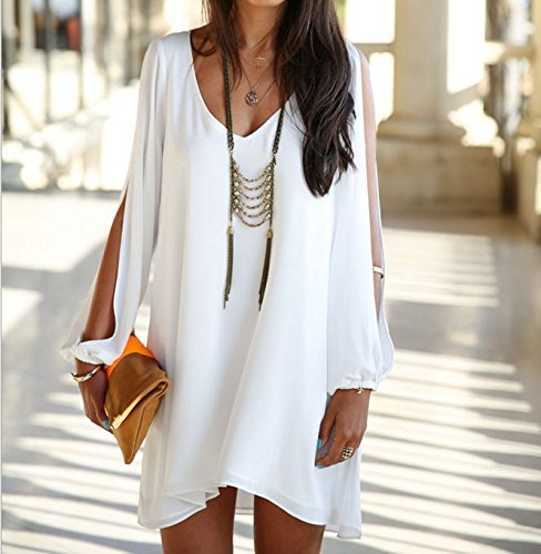 Superstart White Women Casual Sexy Dress Irregular V-neck Chiffon Loose A-line Dress Skirt for Women in Summer