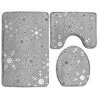 HUNANing 3 Piece Plush Large Bathroom Rug Mat Set, Christmas Snowflakes Silver Grey Pattern,Extra Soft and Absorbent Rugs,Toilet Set