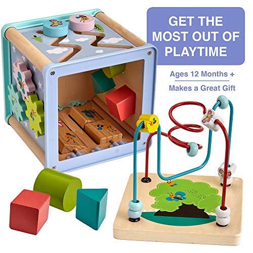 Gleeporte New | 5-in-1 Wooden Activity Play Cube | Deluxe Multi-Function Bead Maze Learning Toy for Toddlers and Kids | Ideal Gift