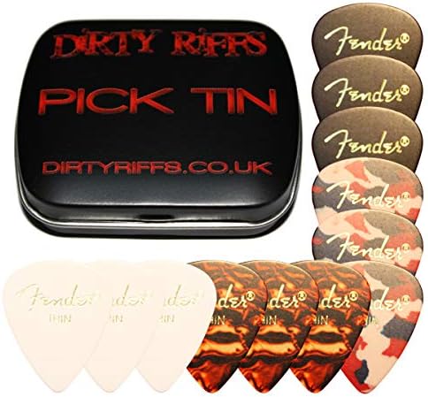 Dirty Riffs Handy Pick Tin with 12 x Thin - 3 x Black, 3 x Confetti, 3 x Tortoiseshell, 3 x White Celluloid 351 Style Guitar Picks/Plectrums
