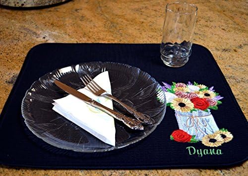 Personalized Coffee Mat, Dish Drying Mat, Placemat, Beautiful Embroidered Mason Jar Bouquet, Choice of Colors for Mat &amp; Flowers (Option to add name) 16x18" S&amp;T Mat, Machine Wash/Dry