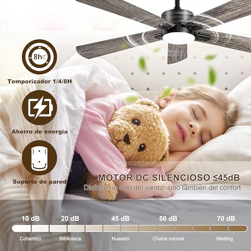 Ohniyou Ventilador de Techo de 52 Pulgadas, Luz Regulable y Control Remoto, 6 Velocidades, Motor DC Reversible Silencioso, Ventilador de Techo de 5 Palas para Dormitorio, Patio, Oficina (Negro)