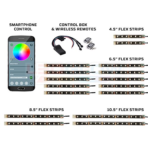 LEDGlow 16pc Advanced Million Color LED Flexible Motorcycle Lighting Strip Kit - Bluetooth-Connected Smartphone App - 156 LEDs - Waterproof Control Box - Dual Zone Control - 2 Wireless Remotes