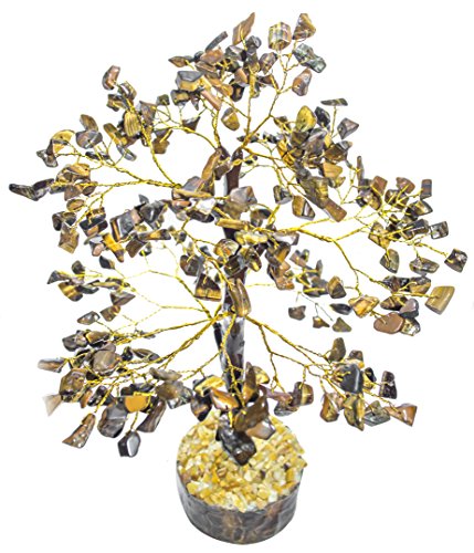 Crocon Natural Healing Gemstone Crystal Bonsai Fortune Money Tree for Good Luck, Wealth & Prosperity Spiritual Gift Size10 Inch (Tiger Eye (Golden Wire))