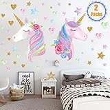 Unicorn Wall Decals,Unicorn Wall Sticker Decor with Heart Flower Birthday Christmas Gifts for Boys Girls Kids Bedroom Decor Nursery Room Home Decor 2 Pcs