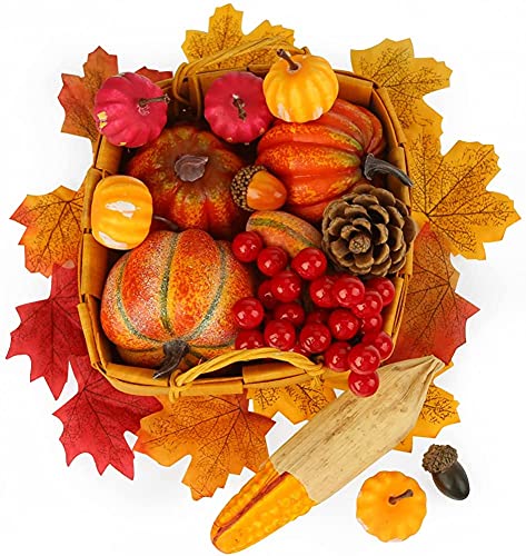 HAKACC Artificial Pumpkins, 19PCS Harvest Fruits with 30PCS Artificial Maple Leaves Fake Pumpkins and Gourds Pine Cones Acorns for Halloween Thanksgiving Decorations