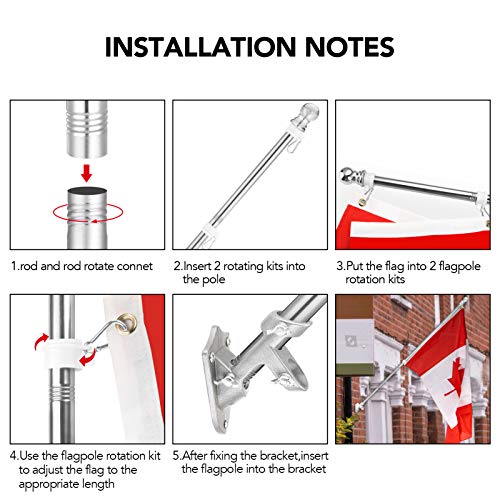 Yeesun Flag Pole,6FT Canada Flagpole with Mounting Bracket for 3’ x 5’ Canada Flag for House Porch & Outdoor Use,360° Tangle Resistant Technology and Wall Mount Flag Pole Kit (Without Flag,Silver)