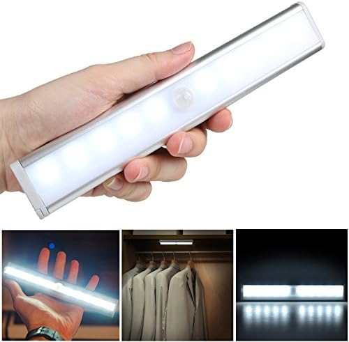Motion Sensor Light Portable 10 LED Wireless Motion Sensing Light Bar Led Drawer Light with Magnetic Strip (Battery Operated) Stick-on Anywhere - Silver