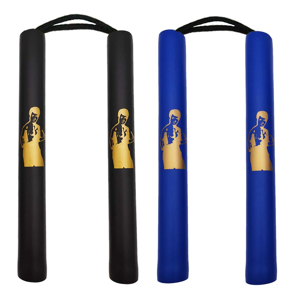 Fayscingo 2 Pairs Foam Nunchucks Padded Sponge Training Practice Cord Nunchakus Martial Arts Nunchucks for Kids and Beginners (Black+Blue)