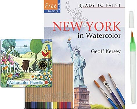 Watercolor Cityscape Painting Kit - New York in Watercolor (Ready to Paint) & Watercolor 24-Pencil Set in Attractive Tin with Watercolor Pencil Brush Bundle