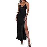 Yixinjew Summer Satin Spaghetti Strap Backless Maxi Dress for Women Formal Silk Tie Back Wedding Guest Dress with Slit