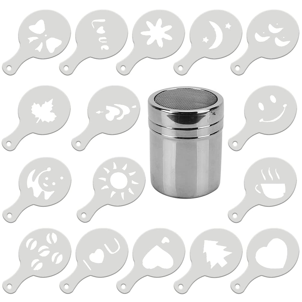 Chocolate Shaker Dusters Stainless Steel Mesh Shaker Powder Shaker for Icing Sugar Powder Cocoa Cappuccino with 16 Coffee Stencils, for Kitchen, Drinks and Baking