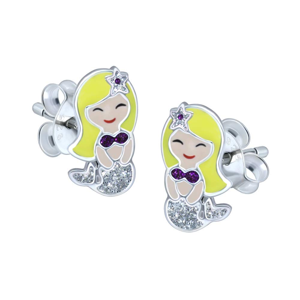 Mermaid Blonde Girl Earrings with Sparkly Silver Glitter - 925 Sterling Silver