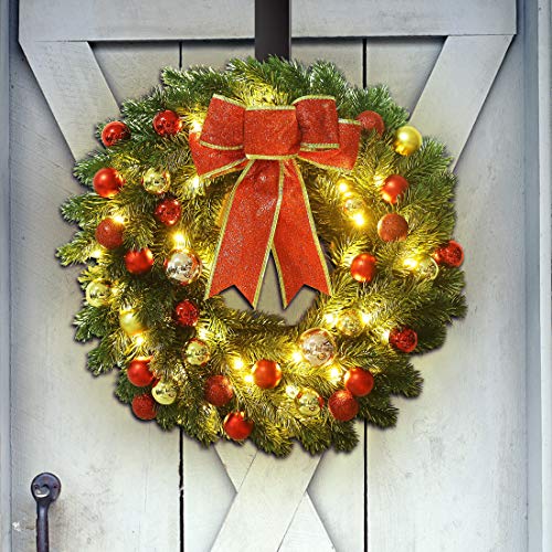 Juegoal 16 Inch PreLit Christmas Wreath with Metal Hanger, Large Red