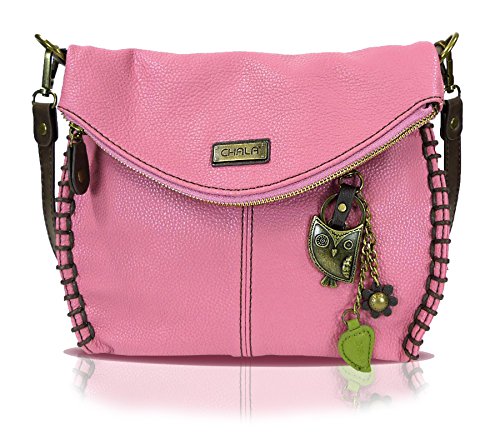 Chala Charming Crossbody Bag With Flap Top | Flap and Zipper Cross-Body Purse or Shoulder Handbag with Metal Chain - Pink - Owl