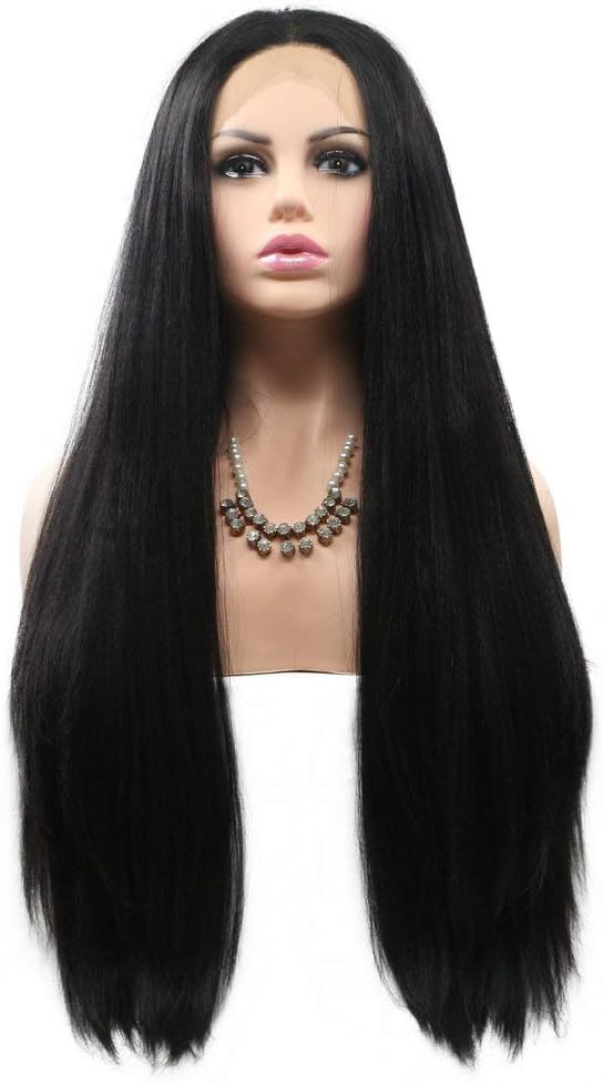Black Wigs Drag Queen Yaki Straight Synthetic Lace Front Wigs for Women Ladies Cosplay Party Festival Daily Wear Natural Hairline 180% Density Natural Black Color Wigs (1B#)