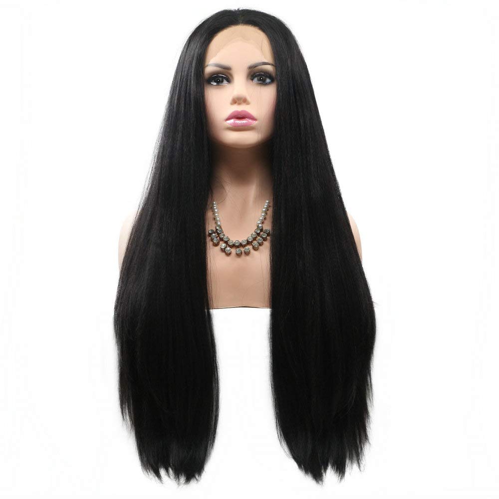 Black Wigs Drag Queen Yaki Straight Synthetic Lace Front Wigs for Women Ladies Cosplay Party Festival Daily Wear Natural Hairline 180% Density Natural Black Color Wigs (1B#)