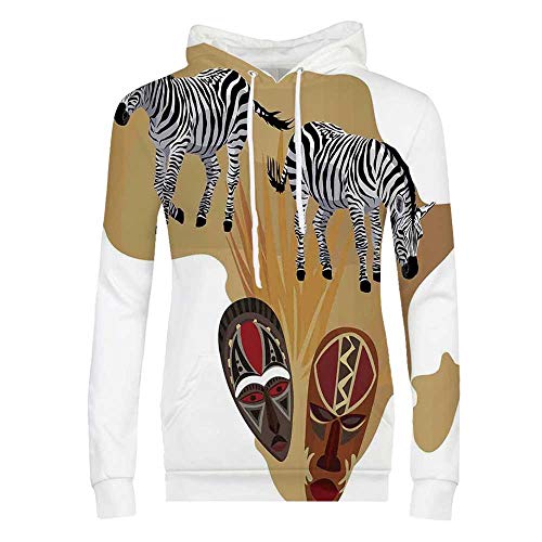 Safari Durable Hoodies,Illustration of Native Ethnic Icons and Traditional Ceremonial African Mask Zebra for Women,L - Thumbnail 6