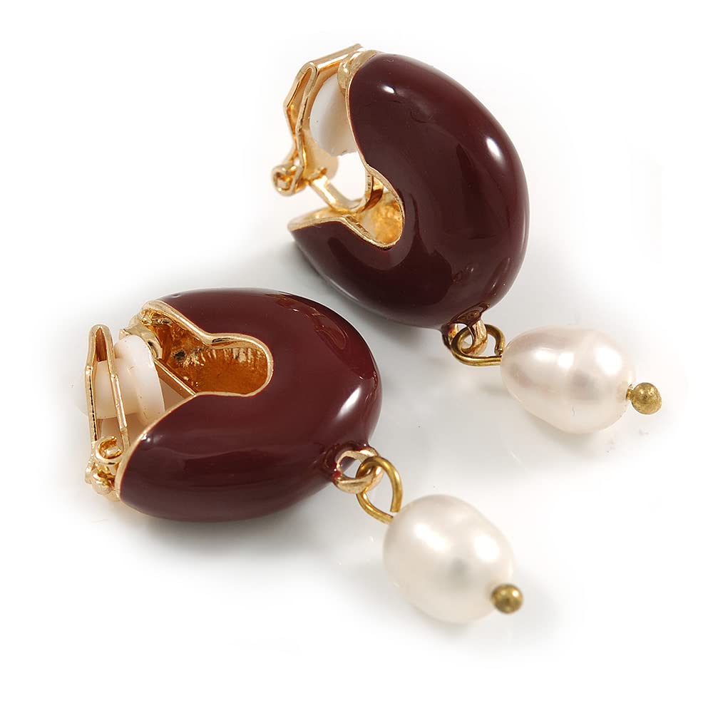 30mm Drop Maroon Enamel Half Hoop with Freshwater Pearl Clip On Earrings In Gold Tone
