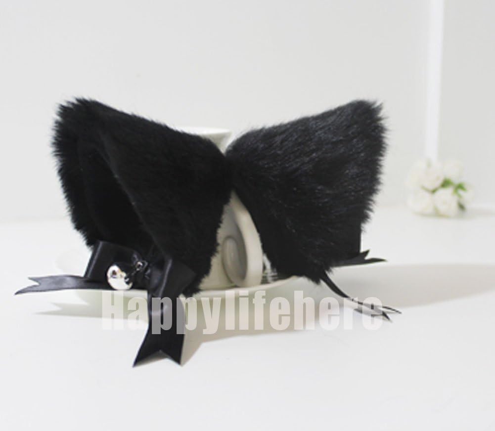 New Cute Fashion Fancy Dress Costume Long Fur Kit Cat Ears with Bell Many Colors (All black)