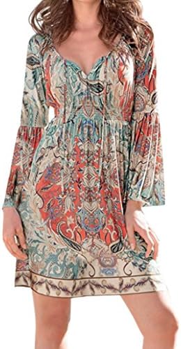 Pervobs Dress, Women Bohemian Neck Tie Vintage Printed Long Sleeve Ethnic Style Summer Shift Mini Dress
