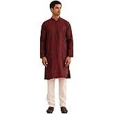 Sojanya (Since 1958 Men's Red Jacquard Silk Kurta & Churidaar Pyjama