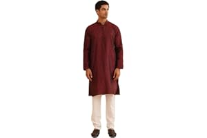 Sojanya (Since 1958 Men's Red Jacquard Silk Kurta & Churidaar Pyjama
