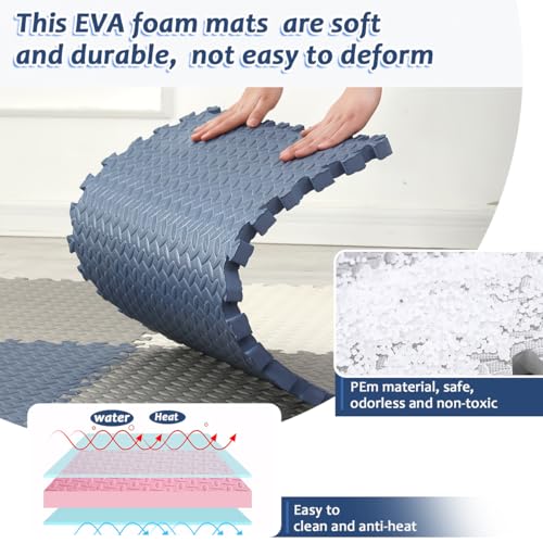 Cestbella Interlocking EVA Foam Mat, 60x60cm Protective Floor Tile 6 Packs Soft Puzzle Exercise Pad with Border Jigsaw EVA Foam Padding, 1cm Baby Play Crawling Mat for Home Gym Yoga Workout Grey Blue