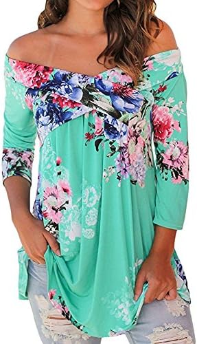 UNIQUE SHOP Women's Casual Crisscross Fold Over 3 4 Sleeve Tunic Shirt Floral Print Blouse Top,(US14W-16W) 3XL,Green