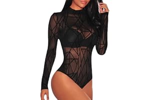 Lrady Women's Sheer Mesh Turtleneck Neck See Through Leotard Bodysuit Body Tops