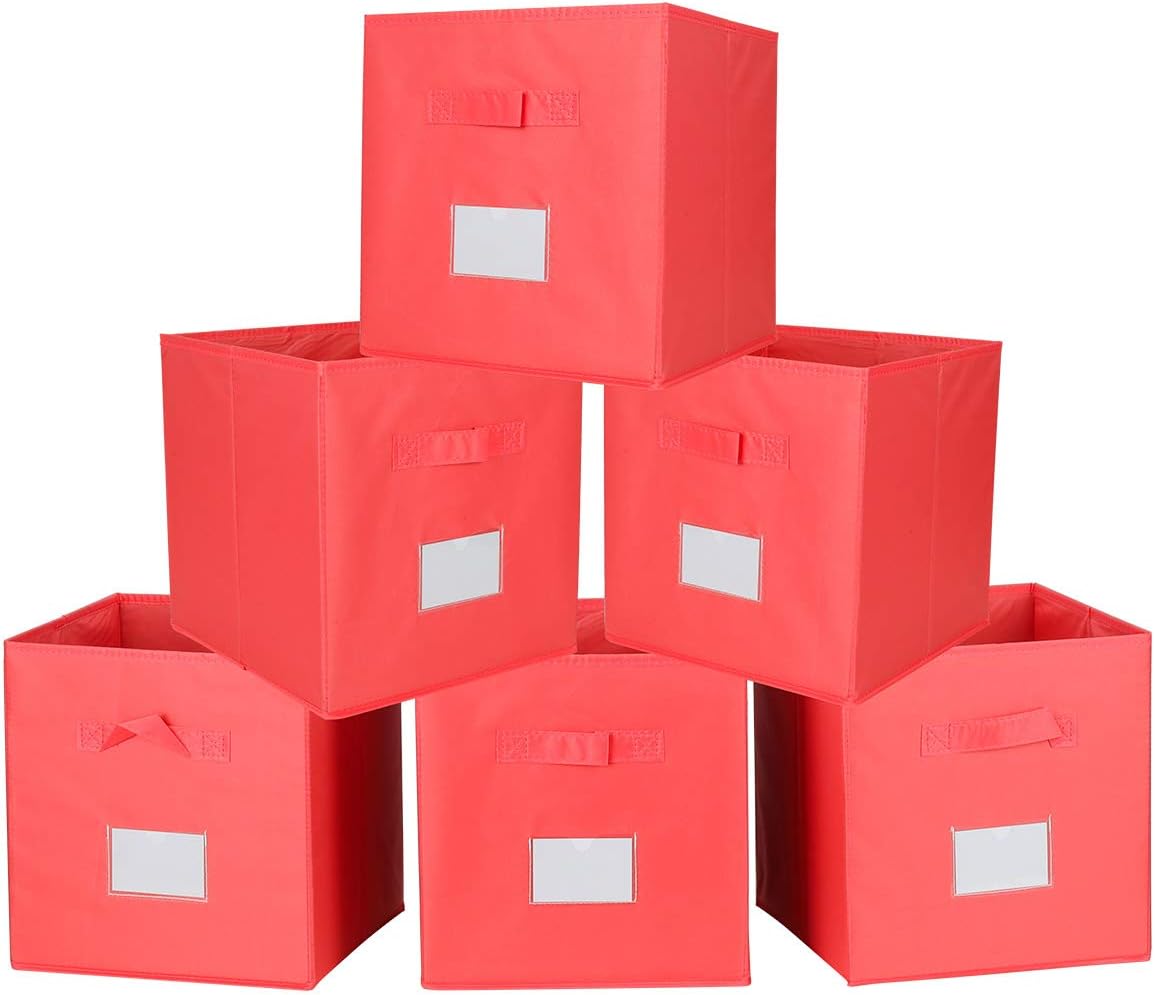 TQVAI Foldable Clothes Storage Cubes 6 Pack with Label Holder Nylon Collapsible Nursery Basket Closet Bin Organizer - Coral Orange