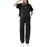 GarRela Women's 2 Piece Outfits Summer Casual Short Sleeve Pullover Tops Wide Leg Pants Sets Jumpsuits