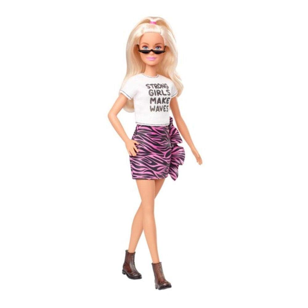 ​Barbie Fashionistas Doll #148 with Long White Blonde Hair Wearing Graphic T-Shirt, Pink Animal-Print Skirt, Translucent Black Shoes & Sunglasses, Toy for Kids 3 to 8 Years Old