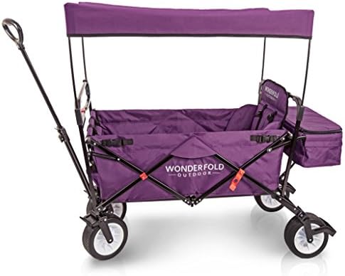 WonderFold Outdoor Premium Folding Wagon With Canopy, Stand, One Pedal Brake, Wide EVA Tire &amp; 1 Wagon Seat with 5-Point Seatbelt (Tyrian Purple)
