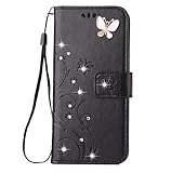 Auroralove Samsung galaxy S9 Luxury Handmade Bling Rhinestone Soft Slim Flip Stand Wallet Case for Samsung S9 Flower Butterfly PU Leather Case for Girls Women(Samsung galaxy S9, Black)