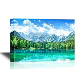 Beautiful Nature Landscape/Scenery Canvas Wall Art - Turquoise Lake, Forest and Mountains - Gallery Wrap Modern Home Art | Ready to Hang - 12x18 inches