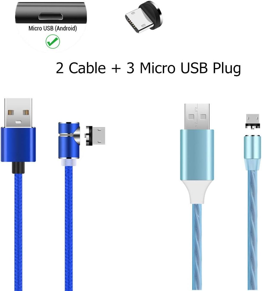 2 Pack Micro USB Cable Magnetic Luminous Charging Cable 3.3ft 6.6ft USB Cable with 3 USB C Magnetic Plug Compatible with Samsung/Huawei/Sony/Kindle/Nokia and More Micro USB Devices (Blue)