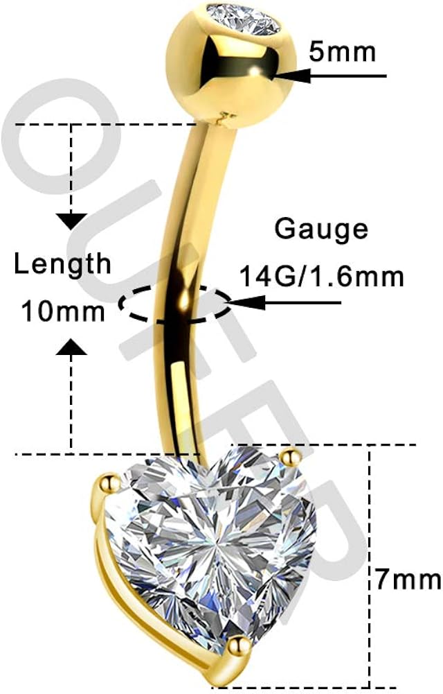 OUFER 14K Gold Heart Solitaire Cubic Zirconia Belly Button Rings Navel Bars Body Piercing Jewellery Valentine's Day Gifts in 14Gauge for Women - Image 4