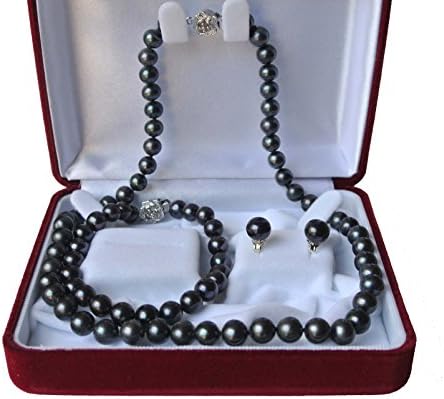18" 7.5" set AAA Genuine 8-9mm ROUND Peacock Black Strand Pearl Necklace Bracelet Earrings 3pc set Cultured Freshwater