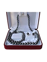 Pearl Romance - Juego de 3 pendientes redondos de perlas negras de agua dulce cultivada, 0.236 in, 0.276 in, 0.315 in, 0.354 in, 0.394 in, 0.433 in, 16 18, 20, 24, 30, 36 pulgadas de largo