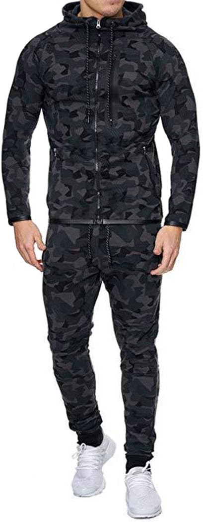 Men's Tracksuit Set Camouflage Sweatshirt Jogger Sweatpants Solid Patchwork Warm Sports Suit