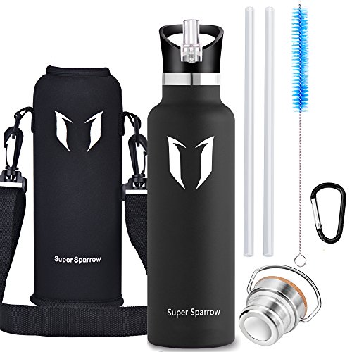 Super Sparrow Stainless Steel Vacuum Insulated Water Bottle, DStandard Mouth -350ml-620ml- 500ml & 750ml & 1L - BPA Free - with 2 Exchangeable Caps + Bottle Pouch (Black, 620ml-21oz) - Thumbnail 2