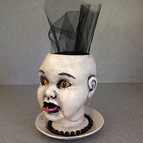 Doll Head Pot, Flower pot, Planter Ceramic earthenware pottery, with nose chain steampunk body pierced Creepy head